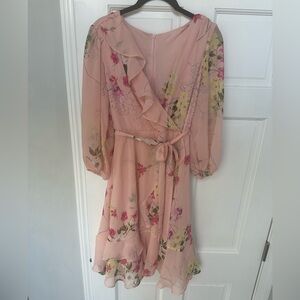 Pink Floral Ruffle Mock Wrap Dress, zipper closure